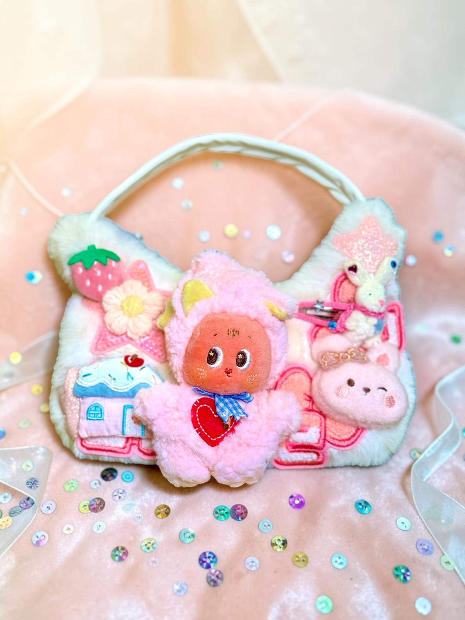 Cat Lover Twinkle Fluffy Pink & White Crossbody Bag
